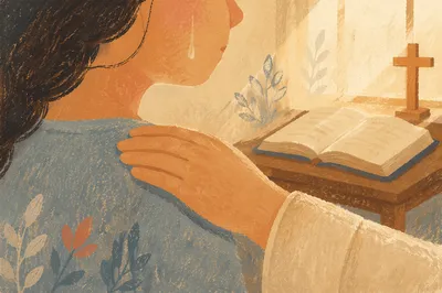 Tearful Prayer Comfort in Morning Light
