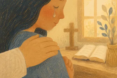 Tearful Prayer Comfort in Warm Window Light