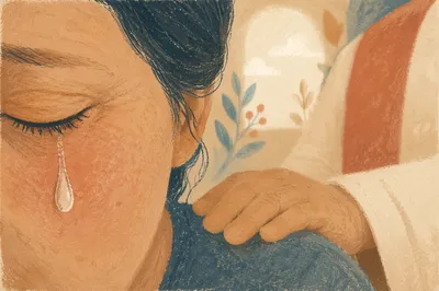 Tearful Close-Up with Comforting Hand