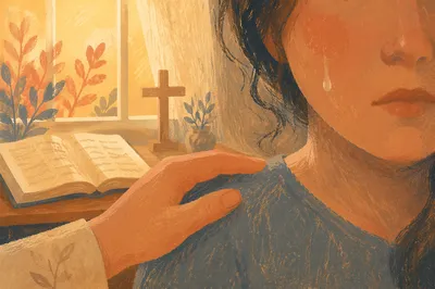 Tearful Cheek Comforted in Prayer Corner