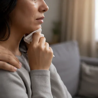 Tearful Moment of Gentle Comfort