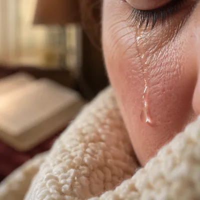 Single Tear on Cheek in Prayerful Comfort