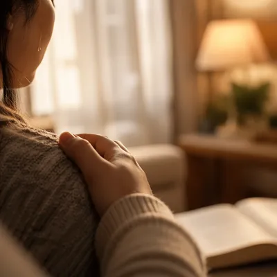 Tearful Prayer Comfort in Warm Living Room