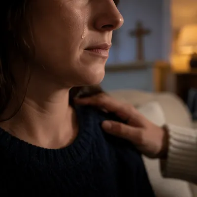 Tearful Cheek with Gentle Comforting Hand