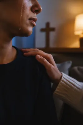 Tearful Cheek with Gentle Christian Comfort
