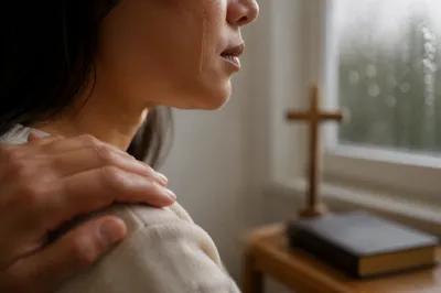 Tearful Prayer Comfort Near Rainy Window