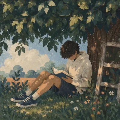 Teenager Reading Bible Beneath Garden Tree Shade