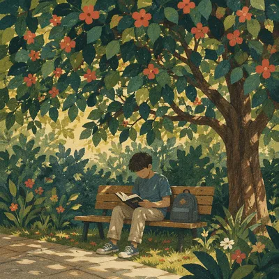 Teenager Reading Bible Beneath Flowering Tree