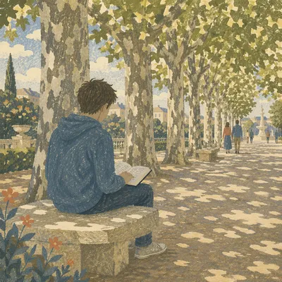 Teen Reading Bible Beneath Plane Trees