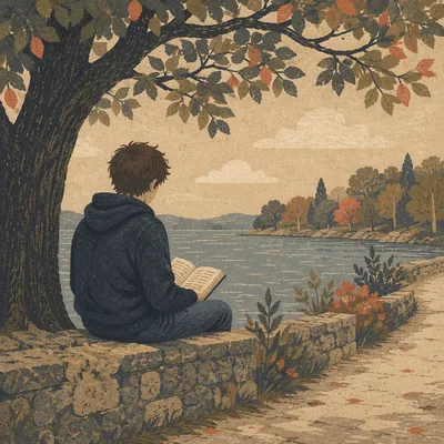 Teen Reading Bible Beneath Lakeside Tree
