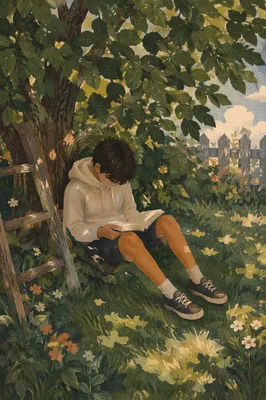 Teen Reading Bible Beneath Garden Tree Shade