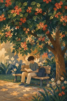 Teenager Reading Bible Beneath Flowering Tree