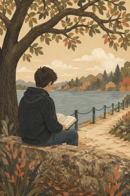 Teen Reading Bible Beneath Lakeside Tree