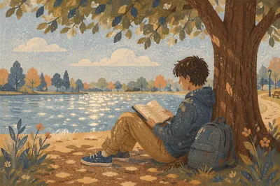 Teen Reading Bible Beneath Lakeside Tree