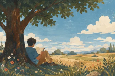 Teenager Reading Bible Beneath Summer Tree Shade