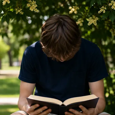 Teenager Reading Bible Under Tree Shade