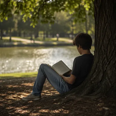 Teen Reading Bible by Peaceful Lakeside