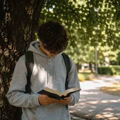 Teenager Reading Bible Beneath Shaded Park Tree