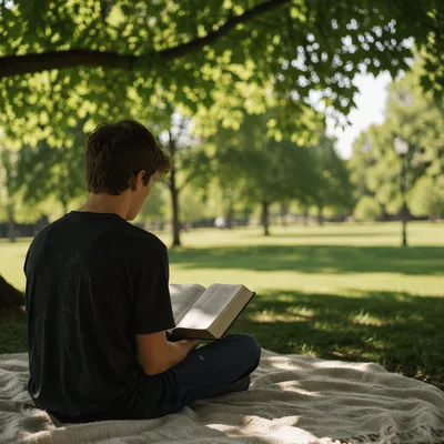 Teen Reading Bible Beneath Tree Shade