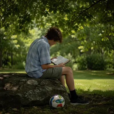 Teenager Reading Bible Under Tree Shade