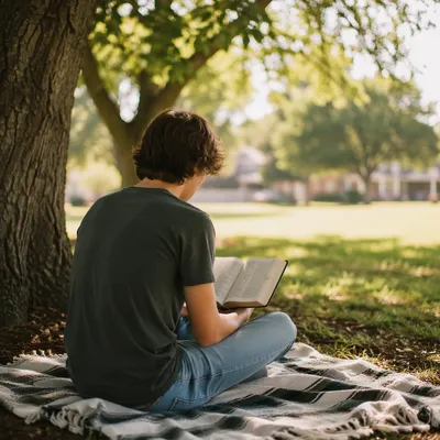 Teen Reading Bible Beneath Tree Shade