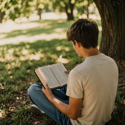 Teenager Reading Bible Beneath Summer Tree