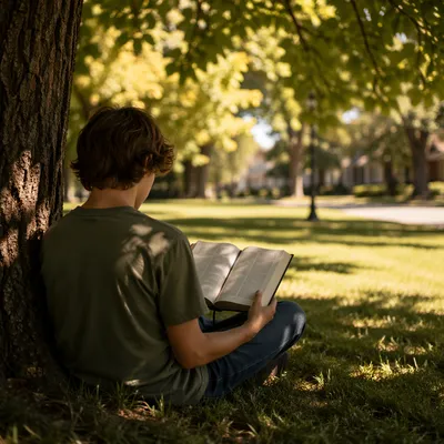Teen Reading Bible Beneath Park Tree