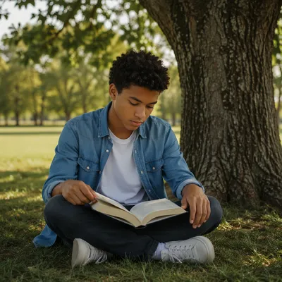 Teen Boy Reading Bible Under Tree