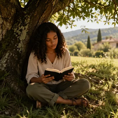 Teen Girl Reading Bible Beneath Tree Shade