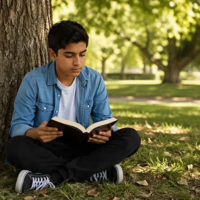 Teenage Boy Reading Under Oak Tree