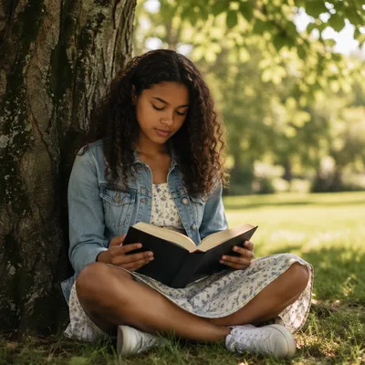 Teen Girl Reading Bible Under Tree