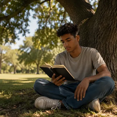 Teenage Boy Reading Bible Under Oak Tree