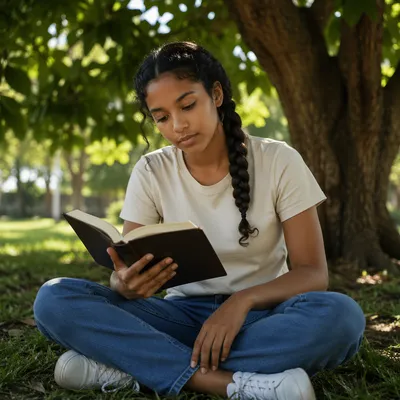 Teenage Girl Reading Bible Under Tree