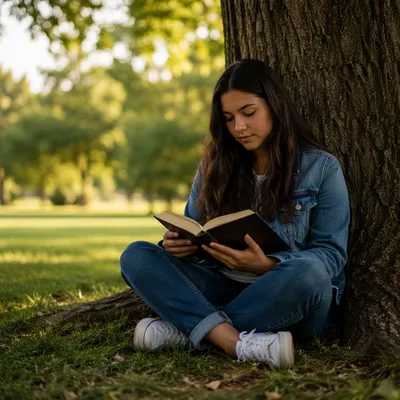 Teenage Girl Reading Under Oak Tree