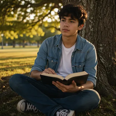 Teen Boy Reading Bible Under Oak