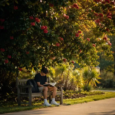 Teenager Reading Bible Beneath Flowering Tree