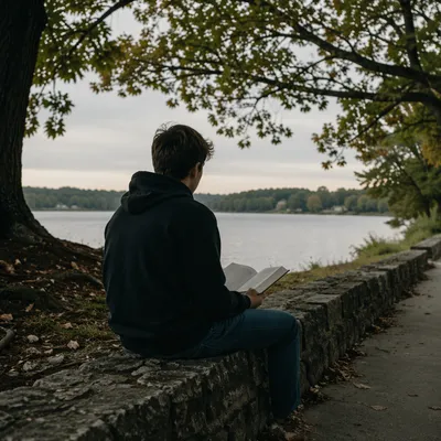 Teen Reading Bible Beneath Lakeside Tree