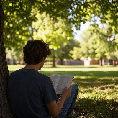 Teen Reading Bible Beneath Tree Shade