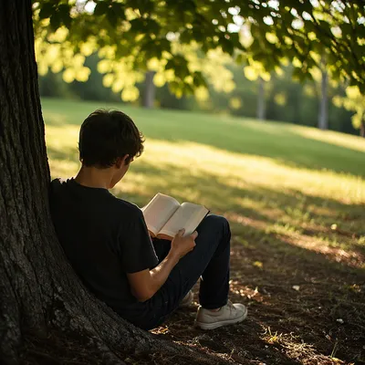 Teen Reading Bible Under Tree Shade