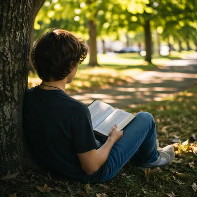 Teen Reading Bible Beneath Tree Shade