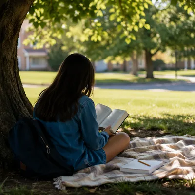 Teenager Reading Bible Beneath Shaded Park Tree