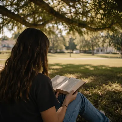 Teenager Reading Bible Beneath Tree Shade