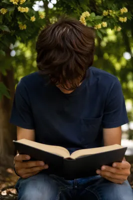 Teenager Reading Bible Under Tree Shade
