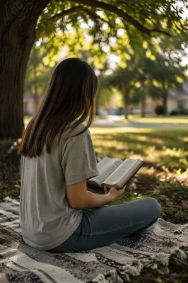 Teen Reading Bible Beneath Park Tree