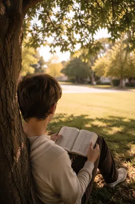 Teenager Reading Bible in Tree Shade