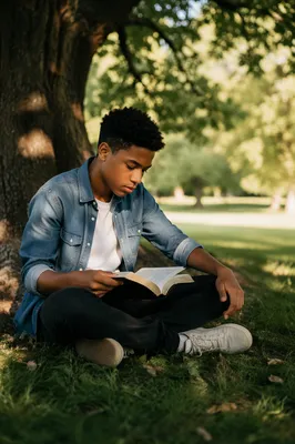 Teenage Boy Reading Bible Under Tree