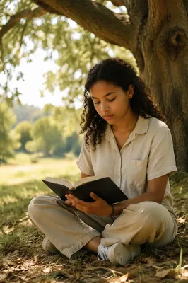 Teenage Girl Reading Bible Under Tree