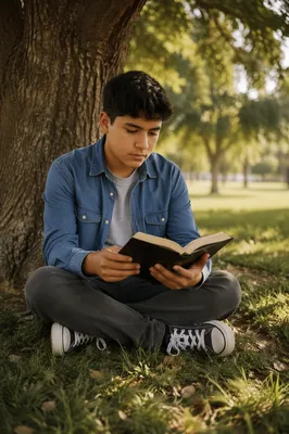 Teenage Boy Reading Under Oak Tree