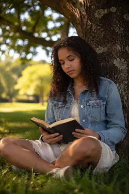 Teenage Girl Reading Bible Under Tree