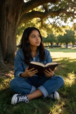 Teenage Girl Reading Under Oak Tree